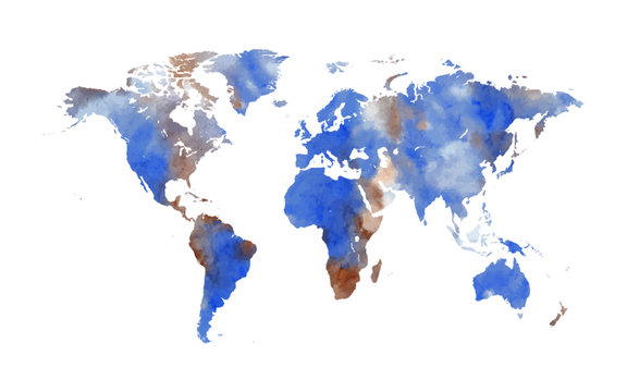 Blue vector world map in watercolor style