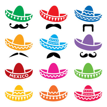 Mexican Sombrero hat with moustache or mustache vector icons set
