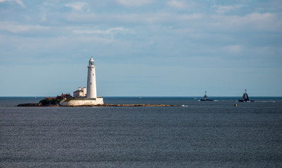 A lighthouse on an island in Whitley Bay near Newcastle upon Tyne, England