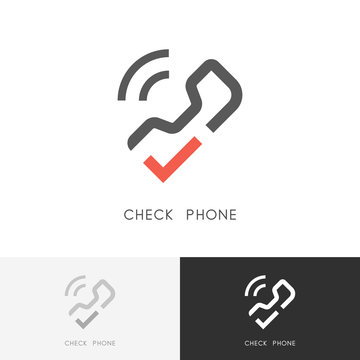 Check phone logo - telephone call with red checkmark or tick symbol. Contacts and business vector icon.