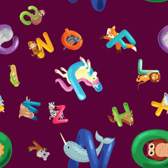 Animals alphabet background, Set of cartoon English type letters with cute zoo wildlife in seamless patterns vector illustration. Textures for blocks or children fabric