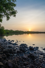 Beautiful and peaceful sunset over calm Gambia river, The Gambia, West Africa