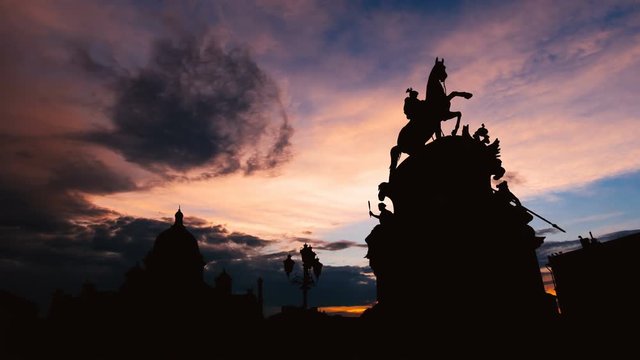 Timelapse of beautiful sunset at Saint Petersburg city historical center , Russia