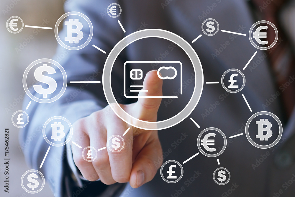 Poster businessman presses button credit card web dollar currency initial coin offering on virtual electron