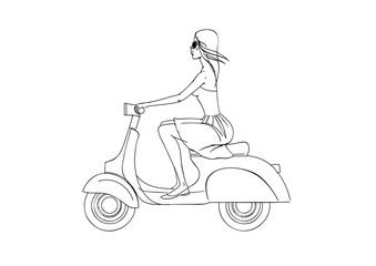 Fototapeta na wymiar scooter_line/Girl in dress riding a scooter. Drawing lines.