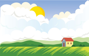 Obraz na płótnie Canvas Agricultural landscape with farmer's house. Green Field and cumulus clouds with the sun. Vector landscape illustration.
