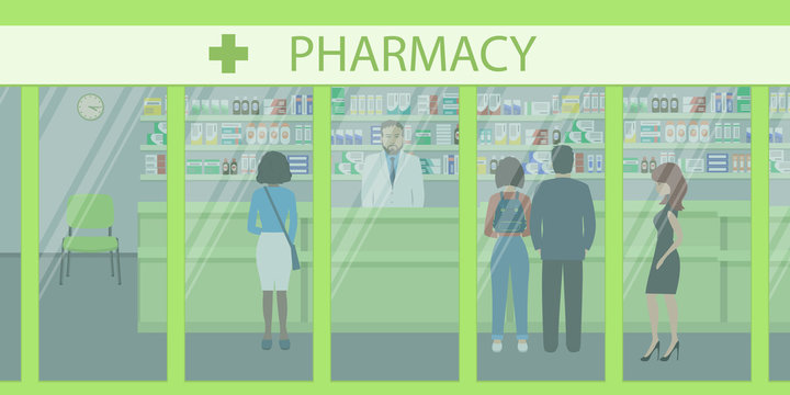 People in the pharmacy. View from the street. The pharmacist stands near the shelves with medicines. In the green hall there are visitors. Vector illustration.