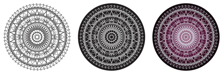 Geometry mandala with repeated triangles for coloring book and your design. Round pattern.