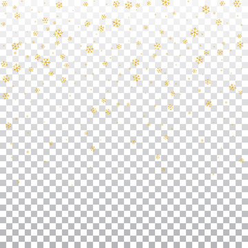 Christmas winter white transparent background with Christmas golden falling snowflakes. Gold shine elegant snowfall Christmas background. Happy New Year design for holiday Vector illustration