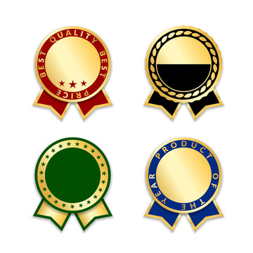 Award ribbons isolated set. Gold design medal, label, badge, certificate. Symbol best sale, price, quality, guarantee or success, achievement. Golden ribbon award decoration Vector illustration