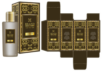 Label on packaging container with gold luxury box design template and mockup. Illustration vector