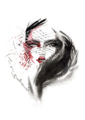 Fototapeta premium Portrait of a stylish girl drawing in ink.