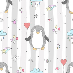 Naklejka premium Seamless pattern with cute penguins. Hand-drawn illustration. Vector.