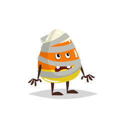 Cartoon candy corn costumed character. Mummy zombie costume. Halloween humanized sweet symbol for party poster and decoration.