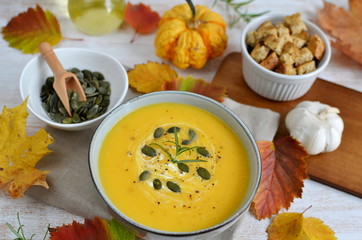 Pumpkin Cream-soup with Croutons Autumn Concept Healthy Food