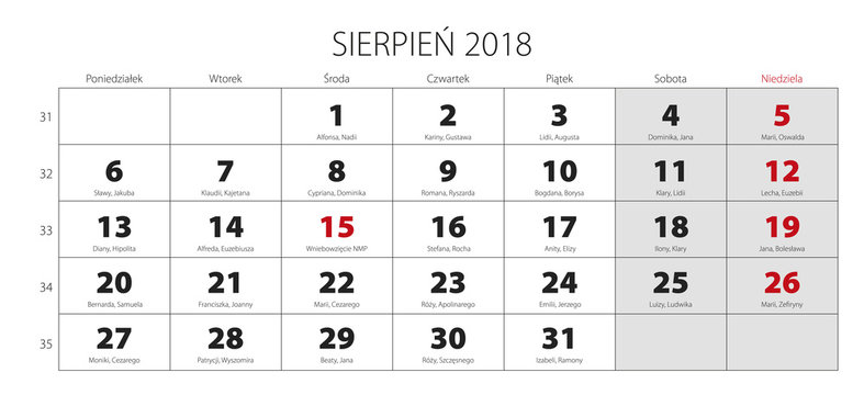 Kalendarz na rok 2018