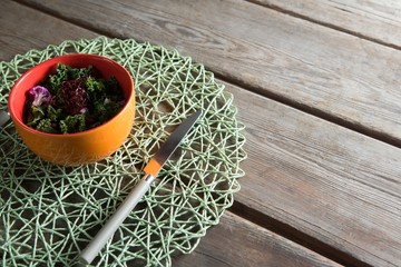Vegetable salad in bowl with place mat at table