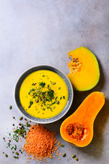 Vegetable and lentils creamy soup, cut pumpkin, seeds, parsley on light grey background. Top view, copy space
