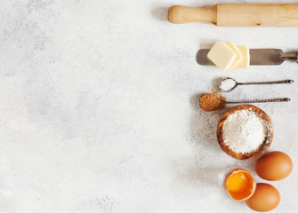 Baking ingredients flour, butter, sugar, salt, eggs