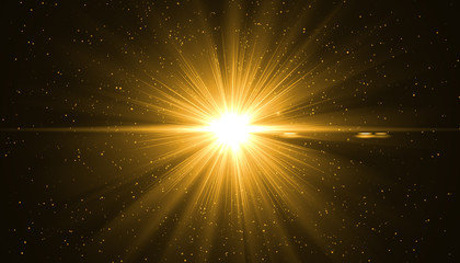 Golden sunray with sparkles or gold particle glitter light. Merry Christmas festive...