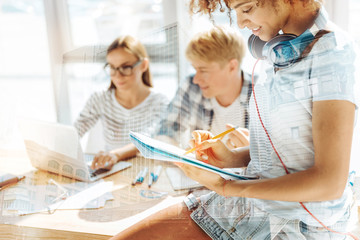 Close up of cheerful girl with earphones