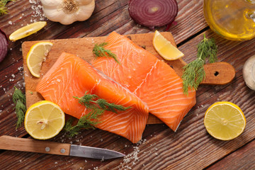 raw salmon fish on board