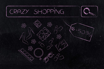 Crazy Shopping search engine bar with promotional price tag and mixed fashion objects icons