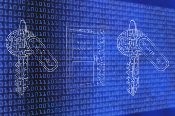 private and public encryption keys next to data access door with messy binary code