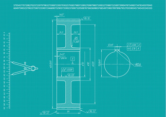 Machine-building drawings on a turquoise 