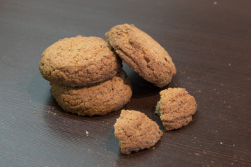 Biscuit sweet cookie background. Domestic stacked cereal biscuit pattern, close up macro.