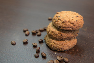 Biscuit sweet cookie background. Domestic stacked cereal biscuit pattern, close up macro.