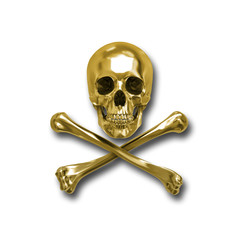 Golden Skull and Crossbones, 3D, Isolated Against a White Background.