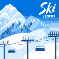 Winter ski resort illustration. Beautiful landscape with rope way, snowy mountains and fir forest