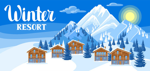 Alpine chalet houses. Winter resort illustration. Beautiful landscape with snowy mountains and fir forest