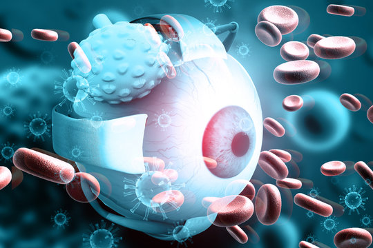 Human eye with blood cells. 3d render