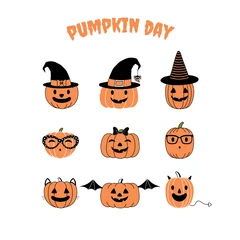 Sierkussen Set of hand drawn vector funny cartoon pumpkins with different faces, witch hats, glasses, ribbon, cat ears, whiskers, bat wings, horns and tail, with text Pumpkin day. © Maria Skrigan