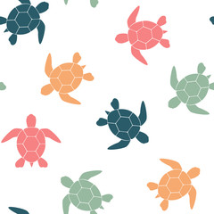 Simple seamless background with a silhouette of a turtle on a white background. Vector illustration.
