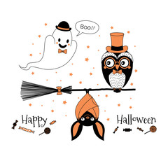 Hand drawn vector illustration of a cute funny owl on a broomstick, hanging bat, ghost in a bowler hat saying Boo, text Happy Halloween.