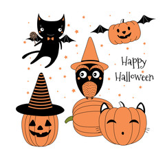 Hand drawn vector illustration of cute funny pumpkins, owl in a witch hat, flying black kitten with a lollipop, text Happy Halloween.