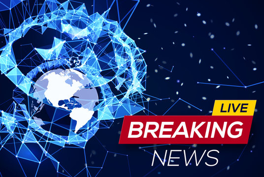 Breaking News Live Banner on Blue Glowing Plexus Structure Background with Earth Planet. World News on Abstract Geometric Network with Connecting Lines and Triangles. Technology Vector Illustration.