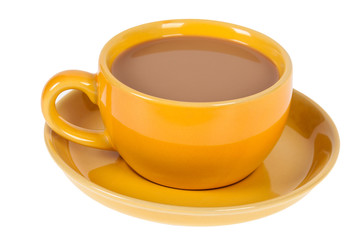 Coffee with milk in a cup and saucer on a white background