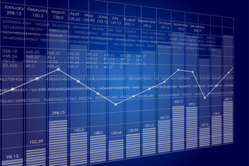 Vector business theme illustration. Background with graphs and figures. A digital panel with a distorted perspective.