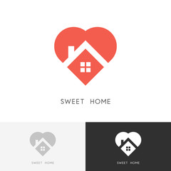 Sweet home logo - house with window and chimney on the roof and heart or love symbol. Family, real estate and realty vector icon.