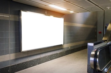 mock up blank billboard with copy space for advertising or media and content marketing at train station, marketing and advertising concept