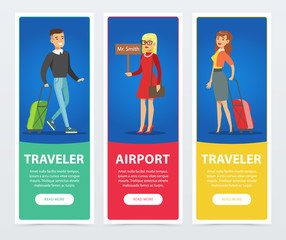 Flat people in airport banners set