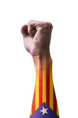 The double exposure image of the isolated arm and white background overlay with the Catalonia flag image. The concept of protesting, politics, government and Declaration of independence.