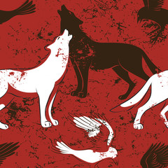 Halloween seamless pattern with raven bird and wolf on  red background. Hand drawn  illustration. Vector design.