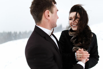 Wedding winter, bride and groom walking at winter wedding day