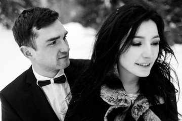 Wedding winter, bride and groom walking at winter wedding day