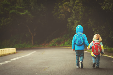 kids go to school - brother and sister walk on the road